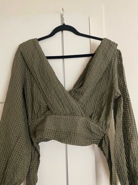 Maeve Olive Green Textured Wrap Crop Top